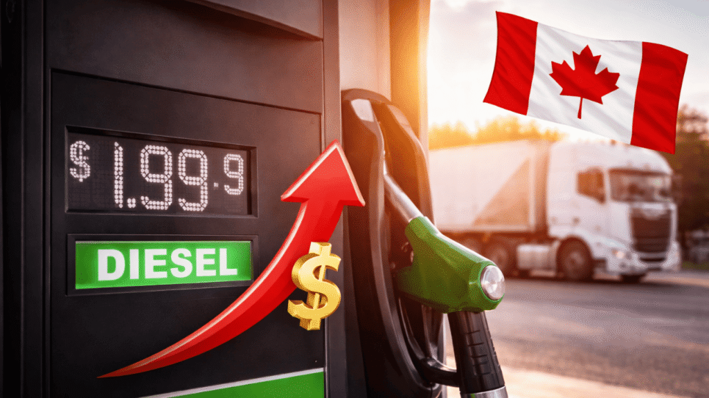 Close-up of a diesel fuel pump with rising price display and upward arrow, representing Canada fuel price trends and increasing fuel costs for trucking and fleets.