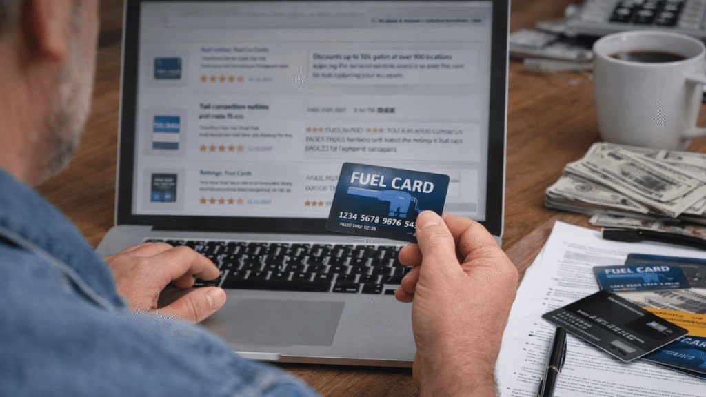 Fleet manager comparing options on a laptop while holding a fuel card, illustrating how to choose the best fuel card for fleet fuel savings and management.