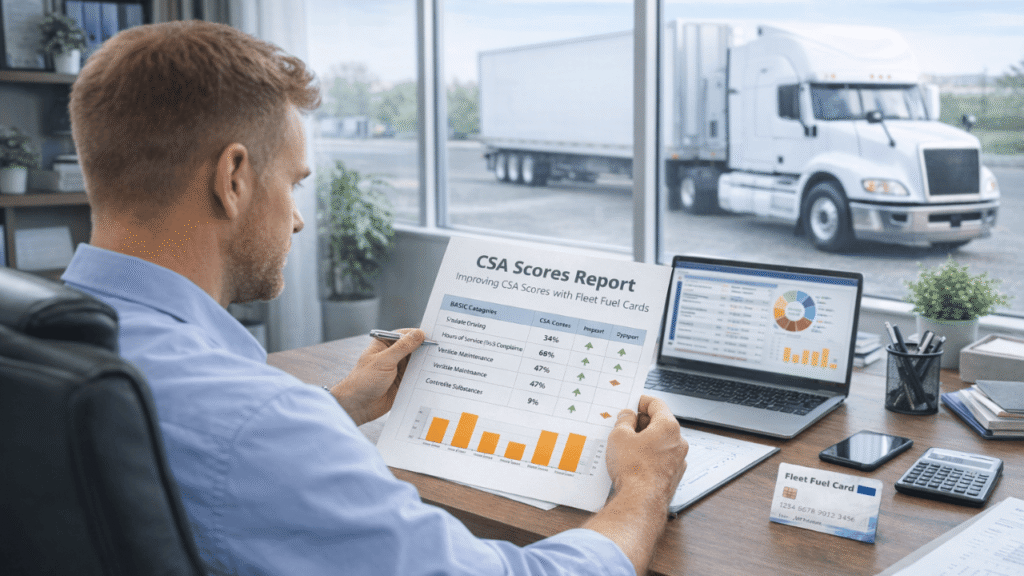 Fleet manager reviewing a CSA scores report at a desk with a fuel card beside it, analyzing fuel cards and CSA scores, with a truck visible through the window.