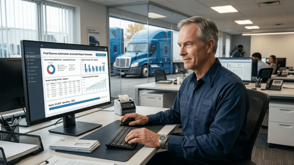 A medium-shot photograph of a man with short grey hair, wearing a navy blue button-up shirt. The interface showcases automating fuel expense reporting.