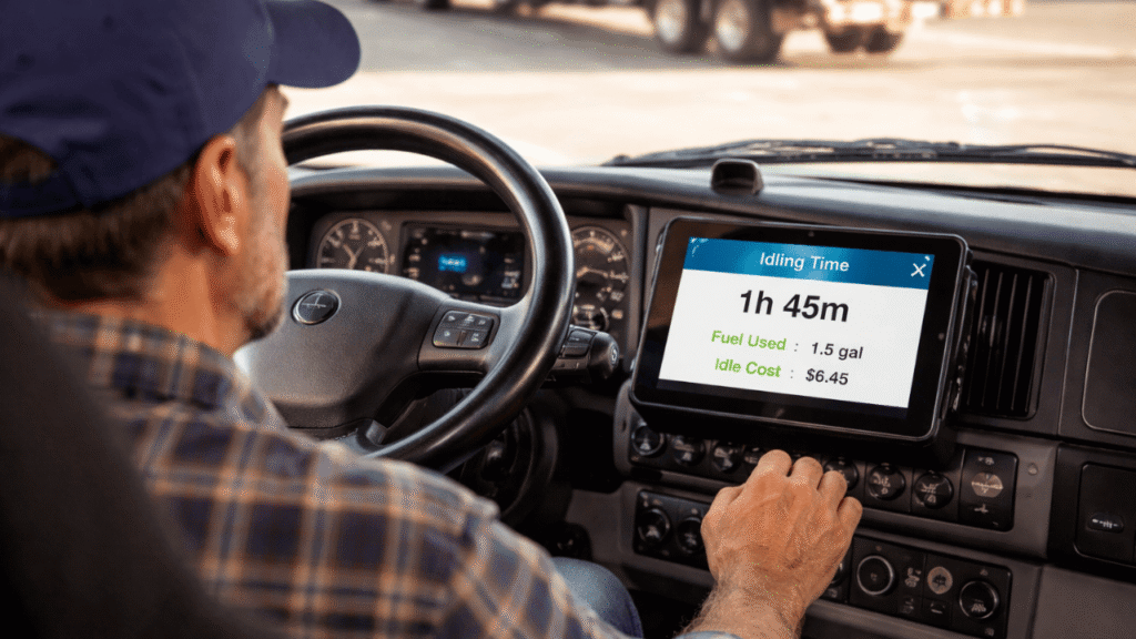 A truck driver sitting in the cab monitoring a dashboard screen displaying idling time and fuel usage, highlighting idle time fuel costs during a stop.