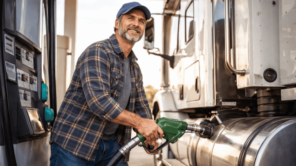A truck owner-operator fueling his semi-truck at a pump station, demonstrating practical fuel discount hacks for saving on diesel during long hauls.