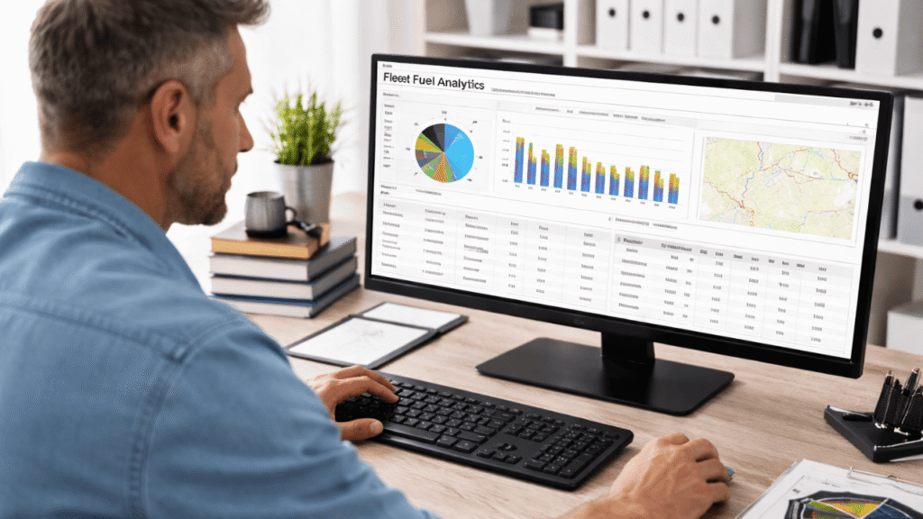 Fleet manager using a computer dashboard with fleet fuel analytics tools to review fuel usage, spending trends, route data, and vehicle performance in a modern office.