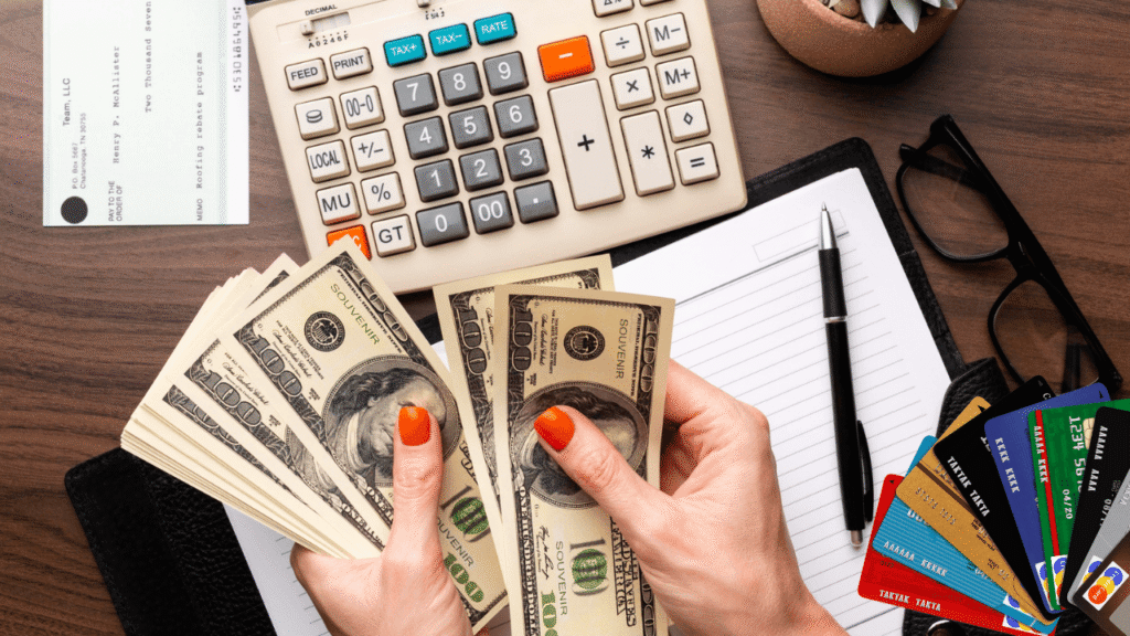 Hands counting cash beside a calculator, check, and payment cards on a desk, illustrating how fuel cards to improve cash flow can help fleets manage expenses and stay on budget.
