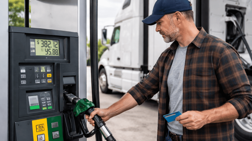 Truck driver fueling a semi-truck at a diesel pump while holding a fuel card, illustrating how fuel cards improve fleet efficiency.