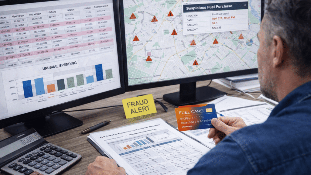 Fleet manager reviewing dashboard alerts and transaction data to identify fuel card fraud patterns across fleet fuel purchases.