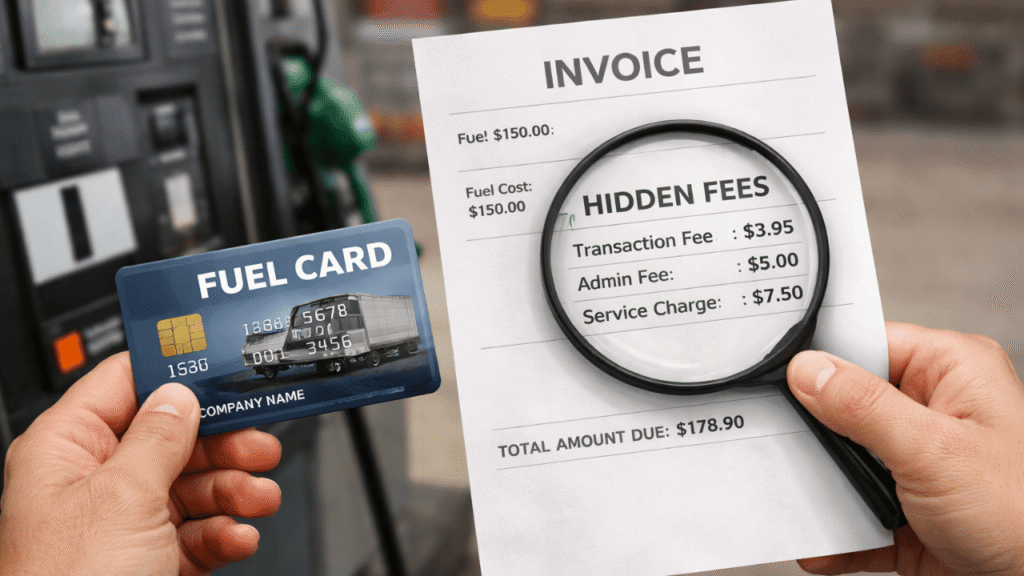 Close-up of a person holding a fuel card and an invoice at a gas station, with a magnifying glass highlighting hidden fuel card fees such as transaction, admin, and service charges.