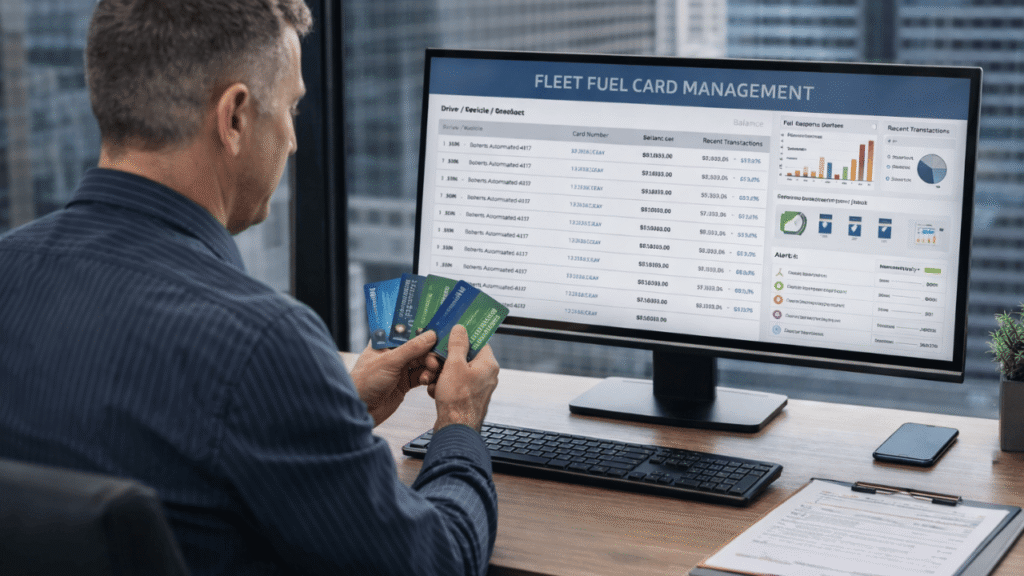 Fleet manager at a desk reviewing cards and dashboard data to manage multiple fuel cards across drivers and vehicles.