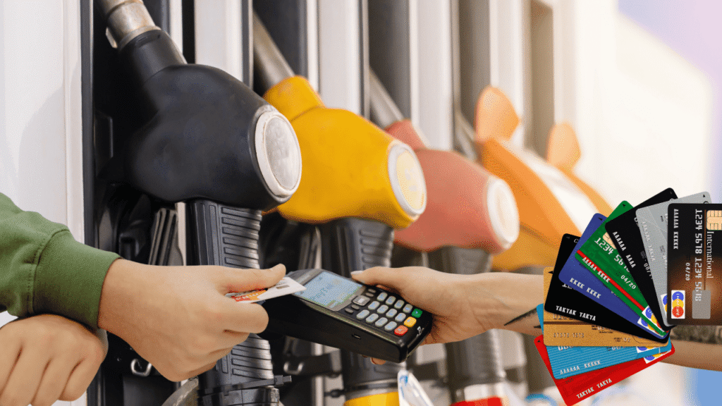 Person paying for fuel at a gas station using a card, highlighting common fuel card mistakes such as improper usage, lack of tracking, and missed cost-saving opportunities.