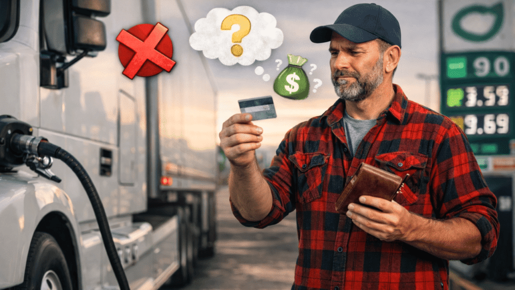 Truck driver at a fuel station examining a fuel card with a thoughtful expression, illustrating common fuel card myths and questions about fuel costs and savings.
