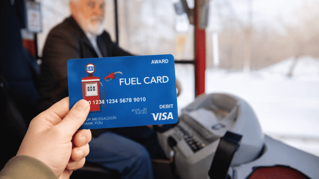Hand holding a fuel card inside a vehicle while a driver sits in the background, illustrating fuel cards for owner-operators and easy fuel payment on the road.