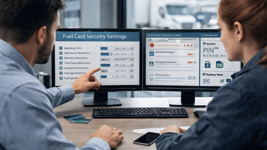 Two fleet managers reviewing fuel card security settings on dual monitors, with alerts, PIN controls, and transaction limits displayed in a fleet office.