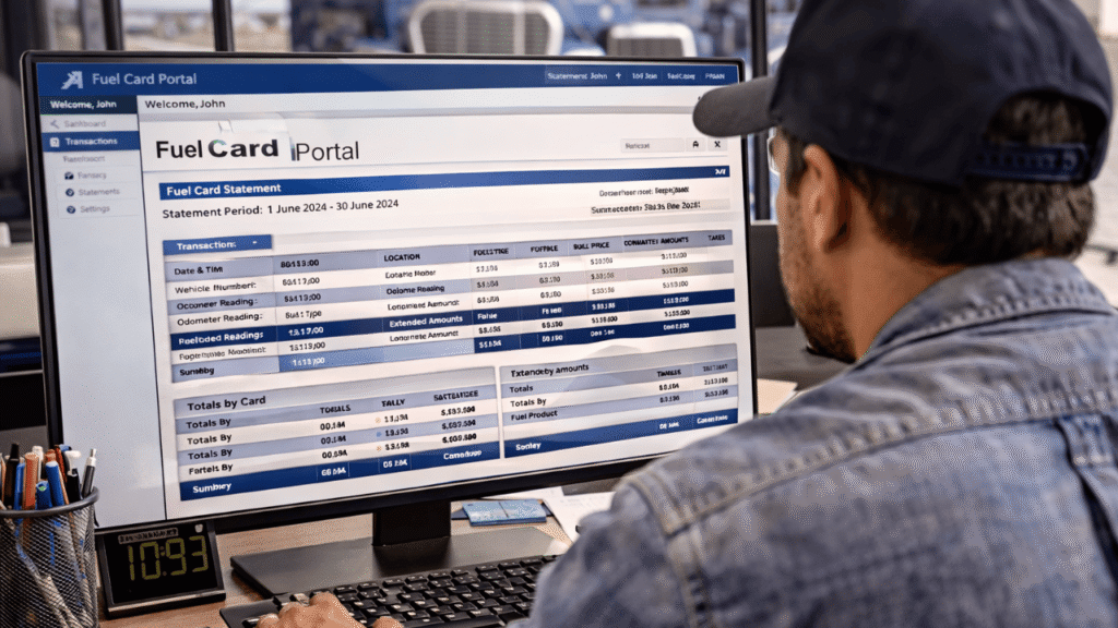 Fuel card usage statements image showing a truck driver logged into a fuel card portal and reviewing statement details, transaction history, and fuel spending data on a desktop screen.