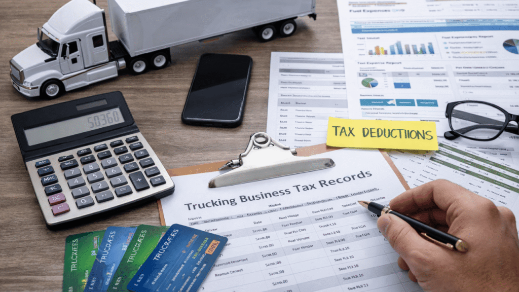 Fuel cards, trucking tax records, and expense reports on a desk, illustrating fuel card tax deductions for fleet accounting and business fuel tracking.