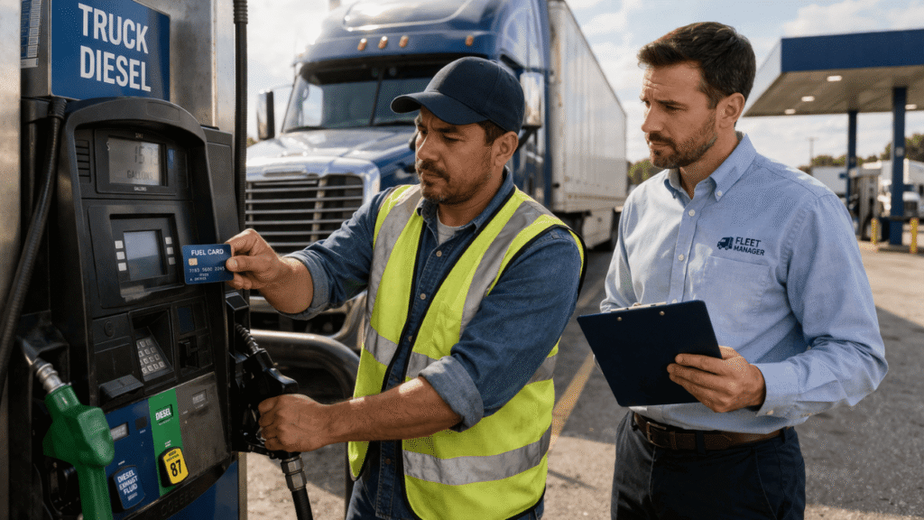 Fuel card usage training image showing a truck driver using a fuel card at a diesel pump while a fleet manager supervises the process beside a commercial truck.