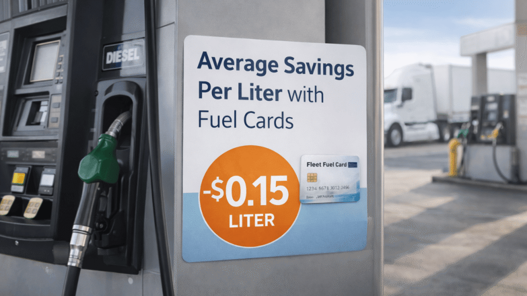 Diesel pump at a gas station with a fuel card used for payment, illustrating fuel card savings per liter during a real refueling scenario.