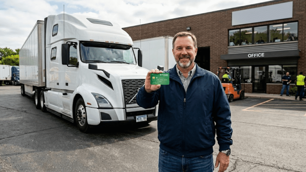 A fleet manager standing in front of a white semi-truck holding a fuel card, demonstrating how fuel cards for small fleets simplify fuel management and tracking.