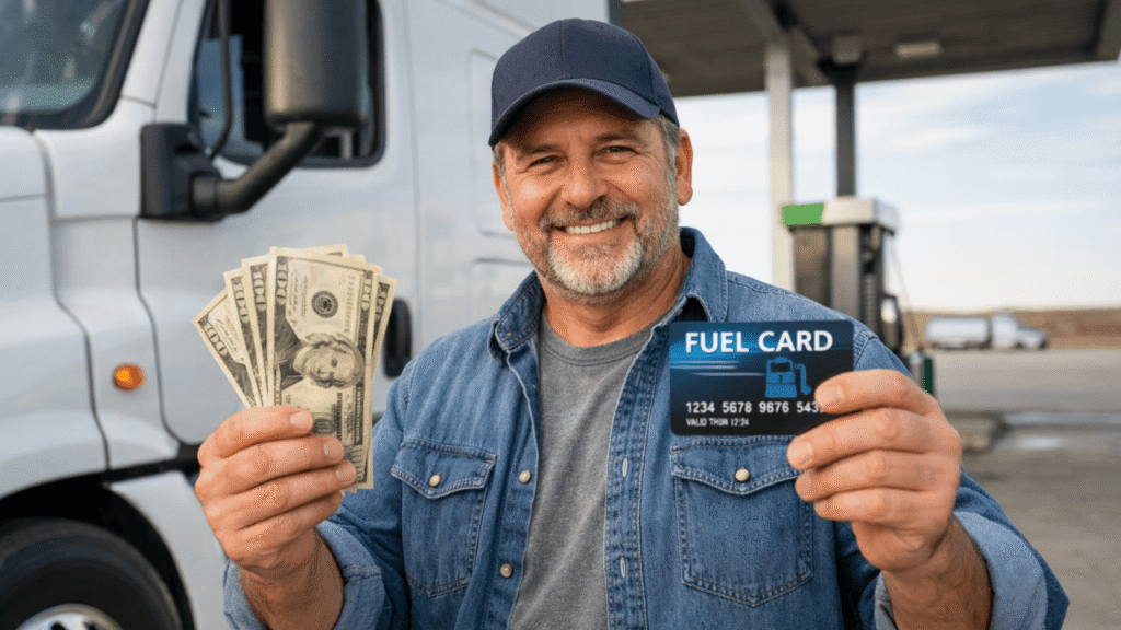 Truck driver at a fuel station holding cash in one hand and a fuel card in the other, illustrating fuel card vs paying cash for fleet fuel purchases.