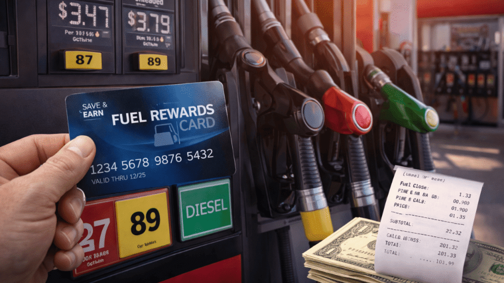 Hand holding a fuel rewards card at a gas pump with fuel prices and receipt visible, illustrating fuel discounts and savings at pump stations for drivers and fleets.