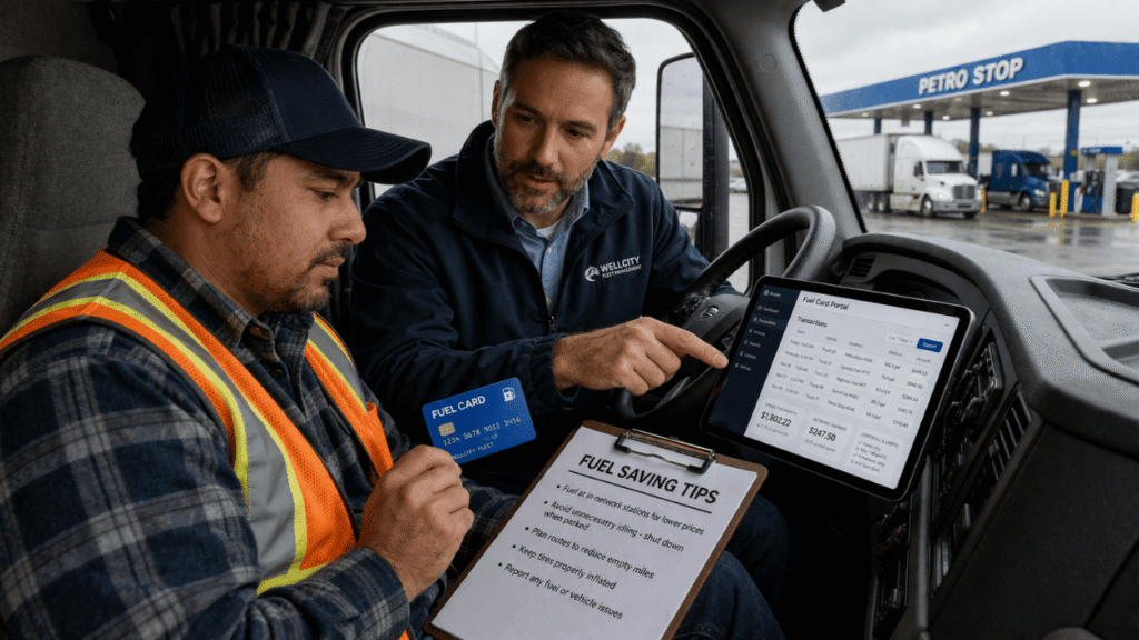 Advanced fuel management technique image showing a fleet manager inside a truck cab coaching a driver using a fuel card and digital dashboard to monitor fuel usage, costs, and efficiency.
