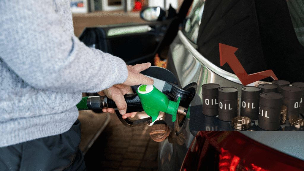 Fueling a vehicle at a gas station while visualizing seasonal fuel price changes, highlighted by oil barrels and a downward trend arrow indicating fluctuating market conditions.