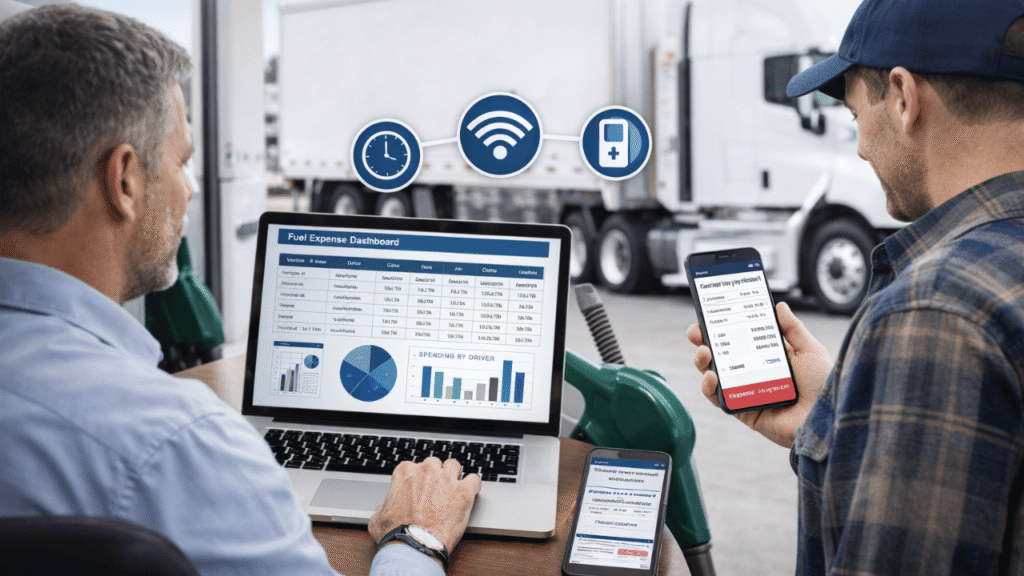 Fleet manager analyzing fuel data on a laptop while a truck driver checks a smartphone, demonstrating real-time fuel spend tracking near a semi-truck.