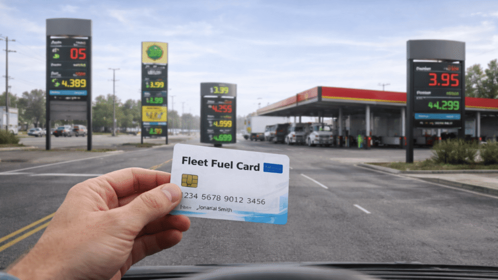 Driver holding a fuel card while comparing fuel prices at multiple gas stations, illustrating how to choose fuel station discounts for better savings.