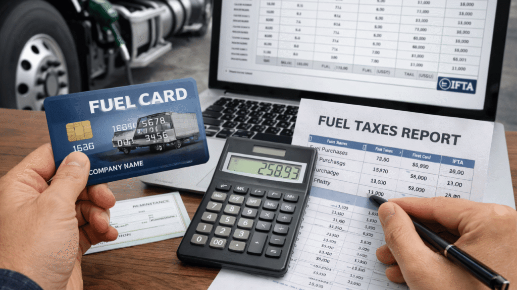 Alt text: Close-up of a person using a fleet card while reviewing a fuel taxes report with a calculator and laptop, showing how to manage fuel taxes with fleet cards for trucking operations.