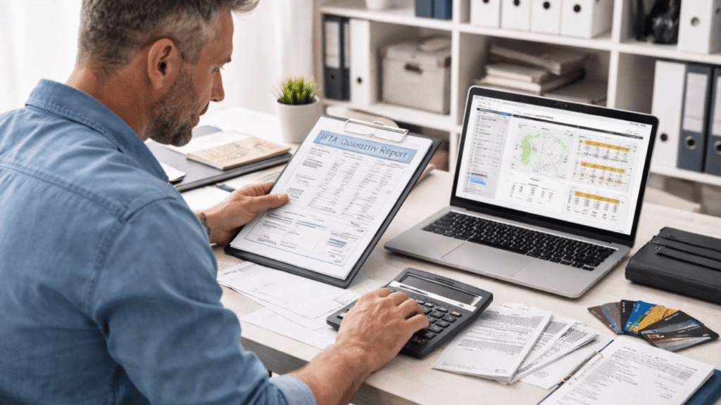 Fleet manager reviewing digital fuel records and tax documents at a desk, showing how Fuel Cards for IFTA Reporting help fleets track fuel purchases, calculate taxes, and stay compliant.