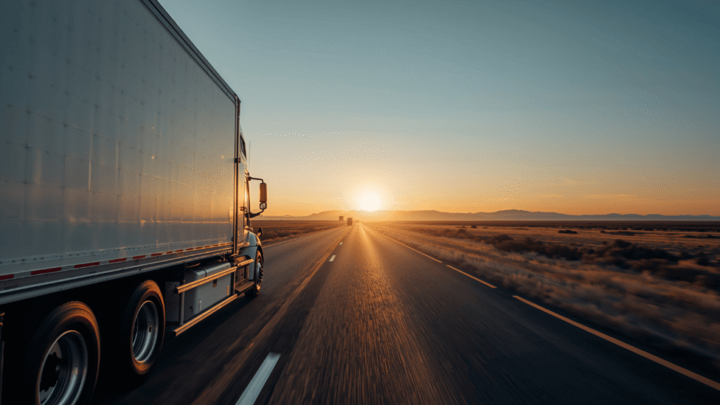 Long-haul trucking on an open highway at sunset, representing fuel cards for long haul trucking and efficient fuel cost management on extended routes.