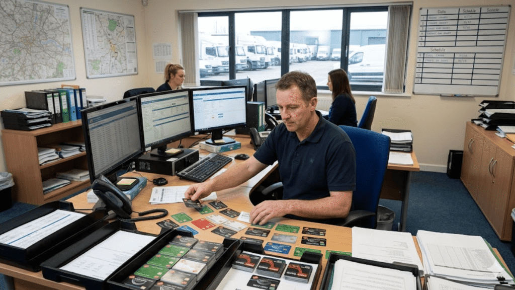 A fleet manager sits at a desk in an office, organizing and reviewing multiple fleet fuel cards spread out in front of him. Three computer monitors display fleet management software, while two colleagues work at desks in the background. Maps and schedules are visible on the walls, and a row of trucks can be seen outside through the window, highlighting a fleet operations environment.