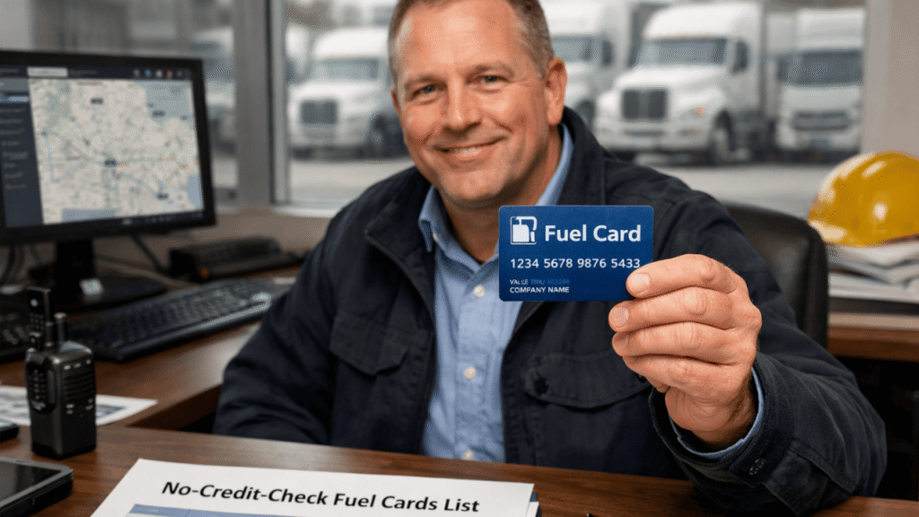 A smiling fleet manager sits at his desk holding up a blue fuel card toward the camera, while a document labeled “No-Credit-Check Fuel Cards List” lies on the table alongside a phone and pen, with trucks visible in the background.