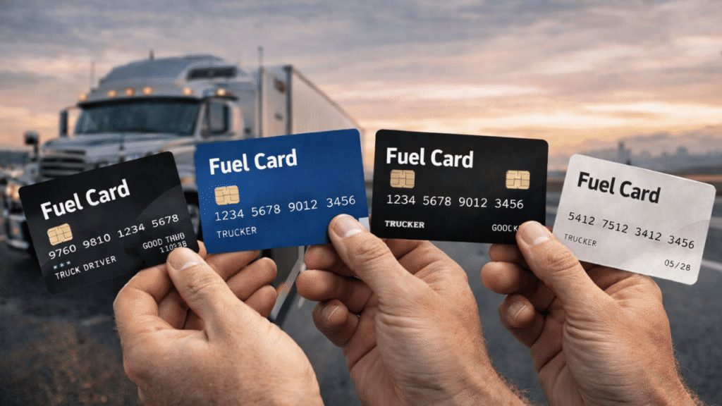 Hands holding multiple fuel cards labeled “Fuel Card” at a truck stop, representing fuel card providers in North America with a semi-truck in the background.
