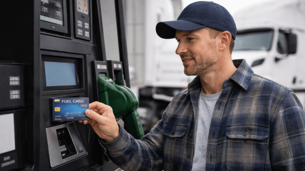 Truck driver using a fuel card at a pump station, illustrating secure payment and how fleets prevent unauthorized fuel purchases.
