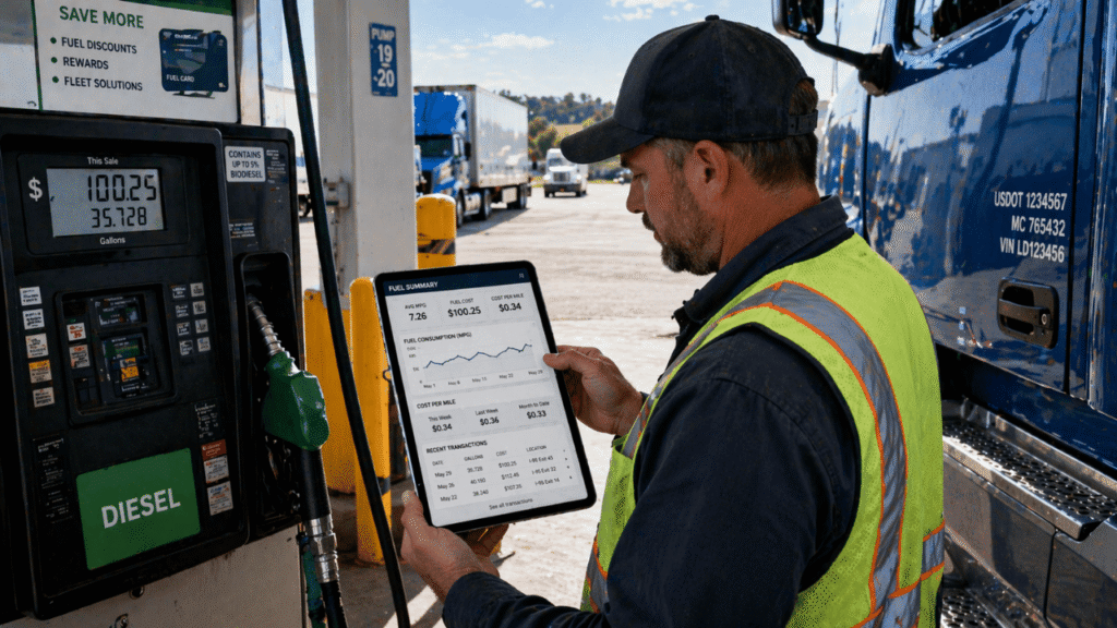 A truck driver stands at a diesel pump beside a semi-truck, reviewing fuel use, total fuel cost, and cost per mile on a tablet, illustrating how fleet performance metrics help track efficiency and spending in daily operations.