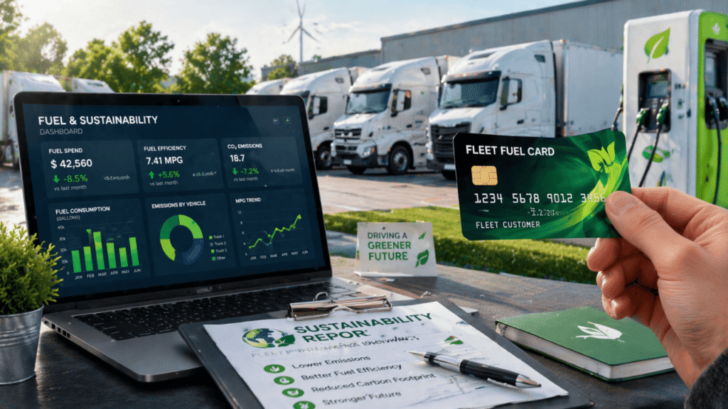 Fleet sustainability concept showing a modern trucking fleet with eco-friendly trucks, a fuel card in hand, and a laptop displaying fuel efficiency and emissions data, highlighting green fleet operations and sustainable logistics practices.