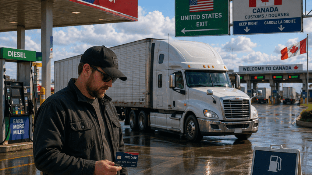Fuel cards for cross-border fleets: a truck driver looks down at a fuel card held naturally above his stomach while refueling near the USA–Canada border crossing, with a semi-truck, gas station pumps, and customs signs in the background.