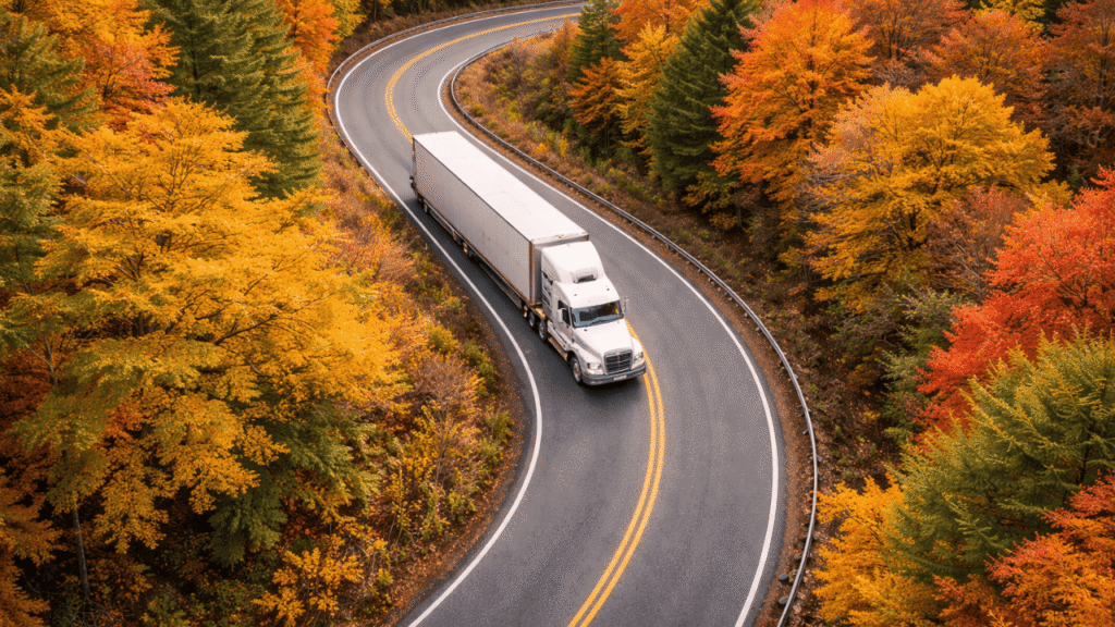 Aerial view of a large semi-truck driving along a winding zigzag road through bright autumn trees, representing fuel card benefits for seasonal fleets with a focus on long-distance planning, fuel savings, and efficient seasonal trucking operations.