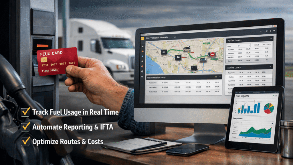 Image showing how fuel cards with dispatch systems integration, a truck driver inserts a fuel card at a fuel pump while a semi-truck sits in the background, and nearby a desktop monitor and tablet display route maps, fuel reports, and fleet analytics, representing real-time tracking, automated reporting, and cost control.