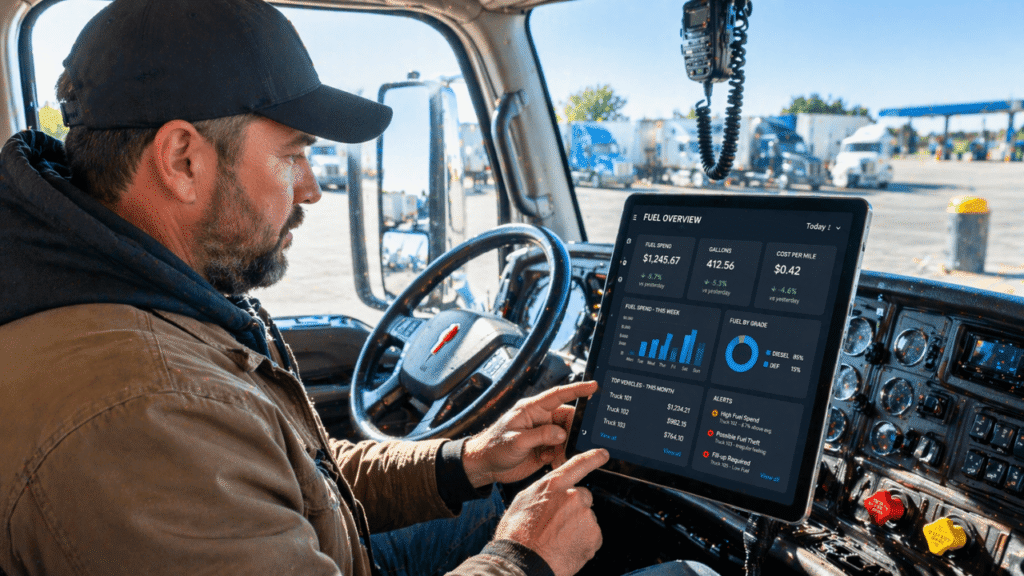A truck driver sits inside a bright semi-truck cab using a tablet to review fuel spend, gallons used, and cost per mile, showing how fuel management helps monitor daily fuel costs and operating efficiency.