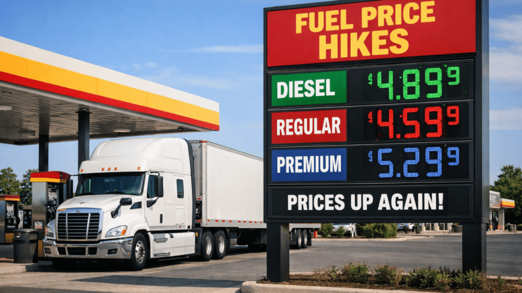 A 16:9 realistic image of a fuel station with a parked semi-truck beside a pump, featuring a large roadside sign displaying fuel price hikes and rising diesel costs.