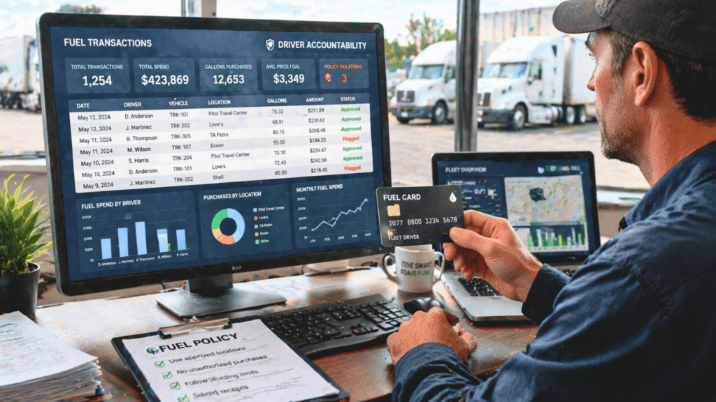Driver accountability concept showing a fleet manager reviewing fuel transaction data on a large monitor while holding a fuel card, with trucks visible outside the office, highlighting driver tracking, fuel oversight, and responsible fleet operations.